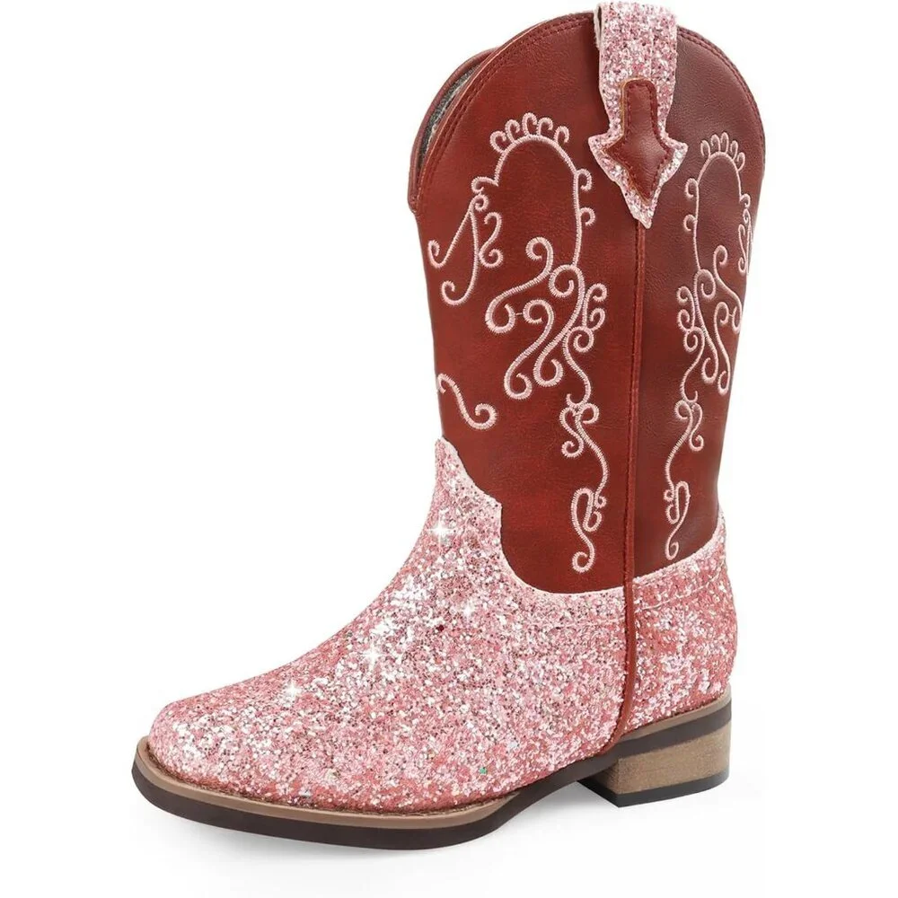 ⚡Girls Cow-pink Synthetic Side Zipper Wide Calf Square Toe Kids Cowgirl Boots